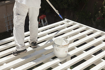 Image showing Painter Rolling White Paint Onto Top of Patio Cover