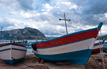 Image showing Old boat at Mondello beach in Palermo