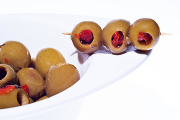 Image showing marinated green olives in bowl