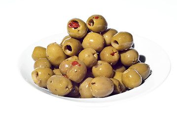 Image showing marinated green olives in bowl