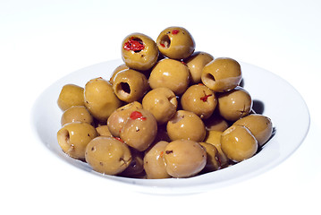 Image showing marinated green olives in bowl