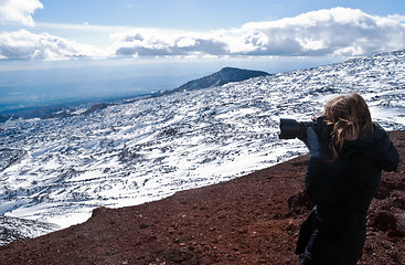 Image showing girl focus on snow mountain landscapes