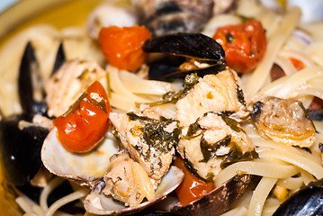 Image showing Pasta with swordfish and tomatoes