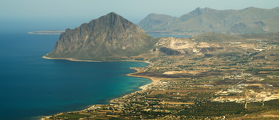 Image showing view of Cofano mount and the Tyrrhenian coastline from Erice