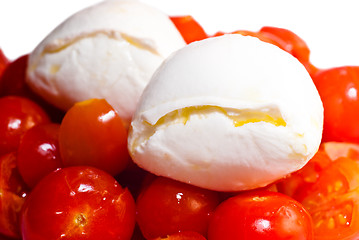 Image showing Mozarella cheese on top of red tomatoes