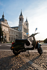 Image showing Italian scooter in Santa Maria la Real de La Almudena cathedral