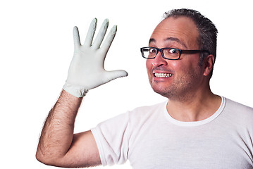 Image showing Happy adult in Rubber Gloves 