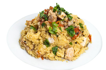 Image showing Couscous grain dish with swordfish 