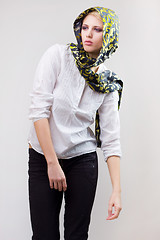 Image showing attractive blond girl in scarf and white shirt