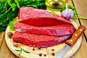 Image showing Meat beef on board with herbs and spices