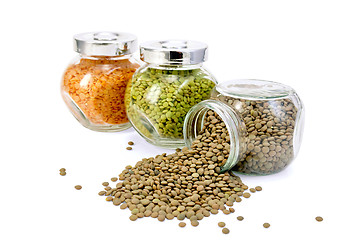 Image showing Lentil different in three jars on row