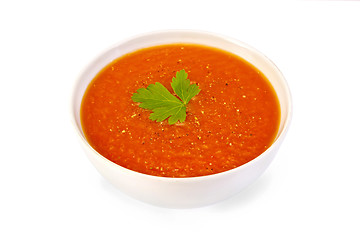 Image showing Soup tomato white bowl with pepper