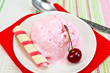 Image showing Ice cream cherry on red paper napkin with spoon