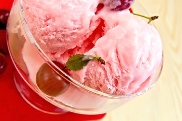 Image showing Ice cream cherry with berries on red napkin