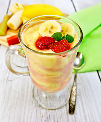 Image showing Dessert milk strawberry and banana on board with napkin