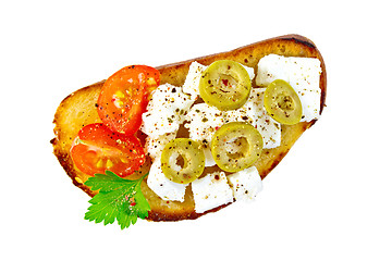 Image showing Sandwich with feta cheese and olives on top