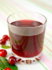 Image showing Compote cherry in glass on fabric