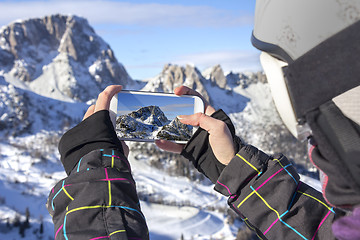 Image showing Photographing winter landscape with smart phone