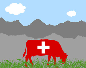 Image showing Cow alp and swiss flag