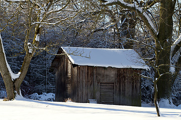 Image showing Landscape with wooden shack in the snow