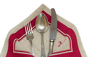 Image showing Cutlery : knife, fork, spoon on a white background.