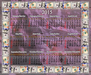 Image showing calendar for 2015 in dollars' frame on lilac