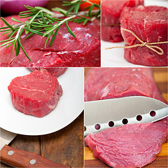 Image showing different raw beef cuts collage