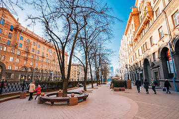 Image showing People walking on the sidewalk on Lenin Street in spring in Mins