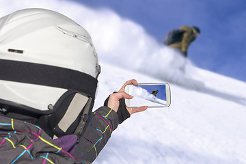Image showing Photographed snowboarder freerider in the mountains