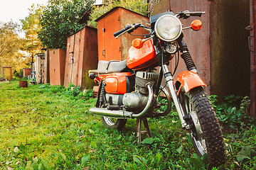 Image showing Vintage Red Motorcycle Generic Motorbike In Countryside