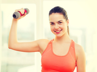 Image showing smiling teenage girl exercising with dumbbell