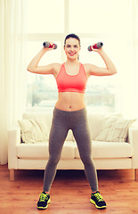 Image showing smiling teenage girl exercising with dumbbells