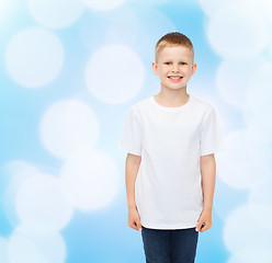 Image showing smiling little boy in white blank t-shirt