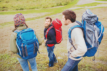 Image showing group of smiling friends with backpacks hiking