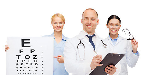 Image showing group of smiling doctors with eye chart