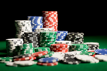 Image showing close up of casino chips on green table surface