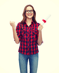 Image showing smiling female student in eyeglasses with diploma