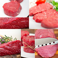 Image showing different raw beef cuts collage