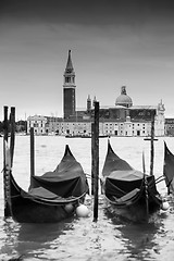 Image showing Gondolas in front of Chiesa di San Giorgio Maggiore b&w