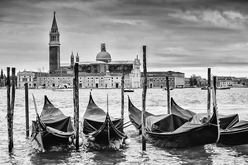 Image showing Gondolas in front of San Giorgio Maggiore b&w