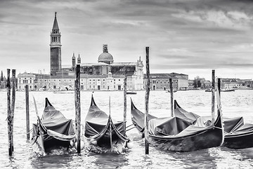 Image showing Gondolas in front of San Giorgio Maggiore church b&w