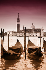 Image showing View of gondolas in front of San Giorgio Maggiore