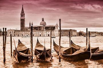 Image showing Gondolas in front of San Giorgio Maggiore church