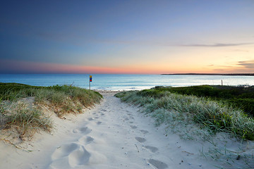 Image showing Sandy beach trail at dusk sundown Australia