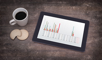 Image showing Tablet touch computer gadget on wooden table, graph