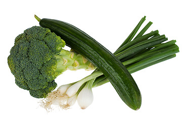 Image showing Cucumber, broccoli and spring onion isolated on white background