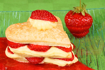 Image showing Heart shaped strawberry and custard millefeuille