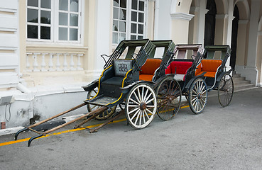 Image showing Classic, Hand Operated Rickshaws in Georgetown, Penang, Malaysia