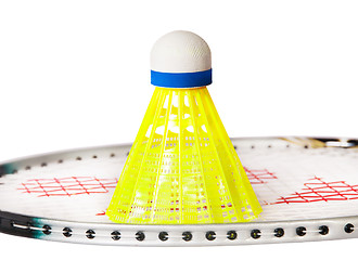 Image showing Shuttlecock stand on the badminton racket