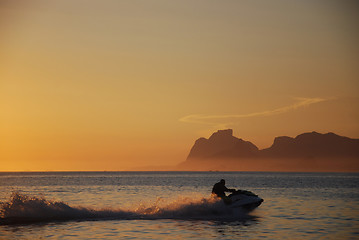 Image showing Jet-ski on sunset on Itaipu Beach